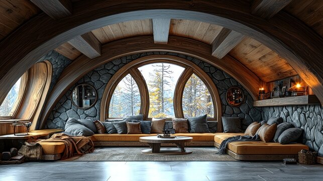 Rustic, arched windows, wooden interior
