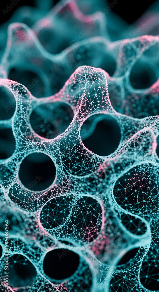 Poster Abstract teal and pink network structure, intricate nodes and lines, creating a complex, three-dimensional pattern symbolizing connectivity and technology