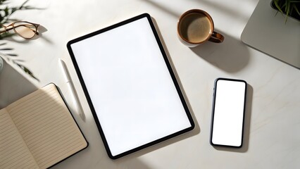 Flatlay of tablet smartphone notebook and coffee on a desk