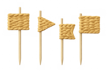 Four handmade knitting yarn flags of different shapes waving on small wooden sticks isolated on transparent background