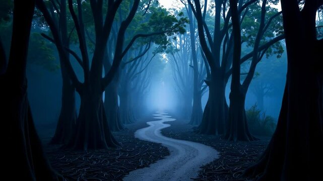 Enigmatic Twilight Path: Serene, Mystical Forest Road, Perfect for Fantasy, Fairytale, and Gothic Designs