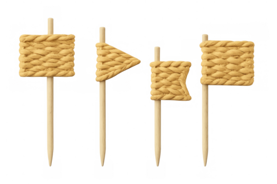 Four handmade knitting yarn flags of different shapes waving on small wooden sticks isolated on transparent background