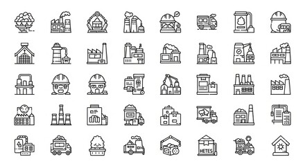 Collection of industry and manufacturing line icons depicting factories and workers in a grid layout