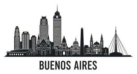 Fototapeta premium Black and white skyline silhouette of buenos aires with various buildings and structures visible clearly