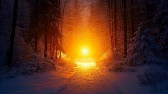 Enchanted Winter Forest Path: Magical Glow, Snow-Covered Trees, Ideal for Fantasy, Holiday, and Winter Wonderland Designs