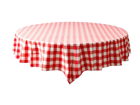 Empty round red gingham tablecloth isolated on transparent background