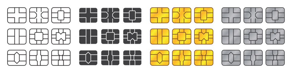 EMV chip set on isolated background. EMV chip icon gold, silver, linear, black for bank plastic credit or debit card