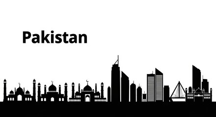 Naklejka premium Silhouette of pakistan skyline featuring mosques and modern buildings against a white background