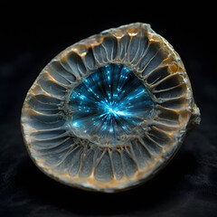 Alien Fossil Shell Macro with Glowing Fiber-Optic Veins – Sci-Fi Biological Art