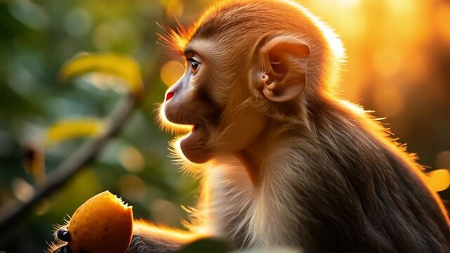 Close up of a monkey holding a mango in its hands with a bright golden light in the background video