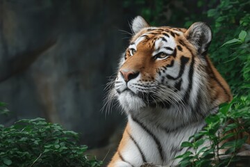 Obraz premium Majestic tiger resting among lush greenery in a natural habitat, showcasing its striking fur pattern and intense gaze