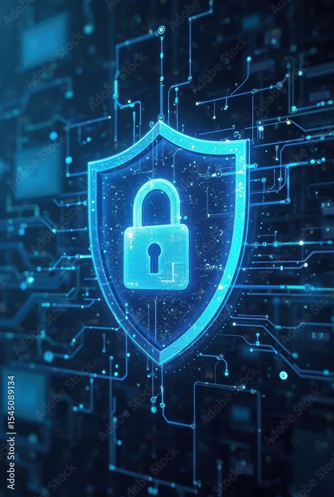 Poster a luminous digital shield and lock hover above glowing circuitry. the design conveys encrypted acces