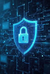 A luminous digital shield and lock hover above glowing circuitry. The design conveys encrypted access, secure systems, and next-gen protection technology, vertical composition