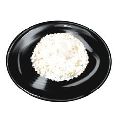 Rice served on the round black plate, 
hand drawn illustration. Object with no background.