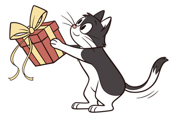 Cartoon black and white cat holds a delightful red gift box with ribbon happily