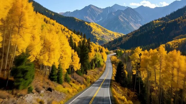 Scenic winding highway curving through mountain pass with vibrant autumn foliage and pine trees, distant mountain range landscape under blue sky