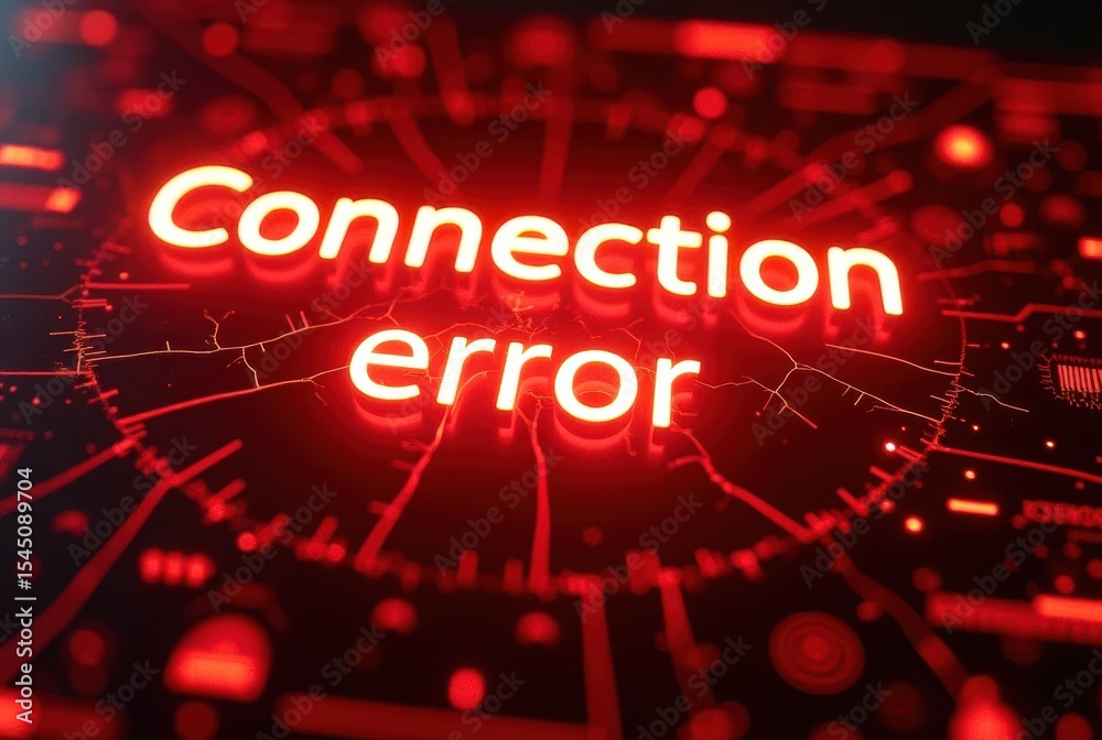 Poster a glowing red “connection error” alert flashes across a futuristic interface, layered with cyberneti