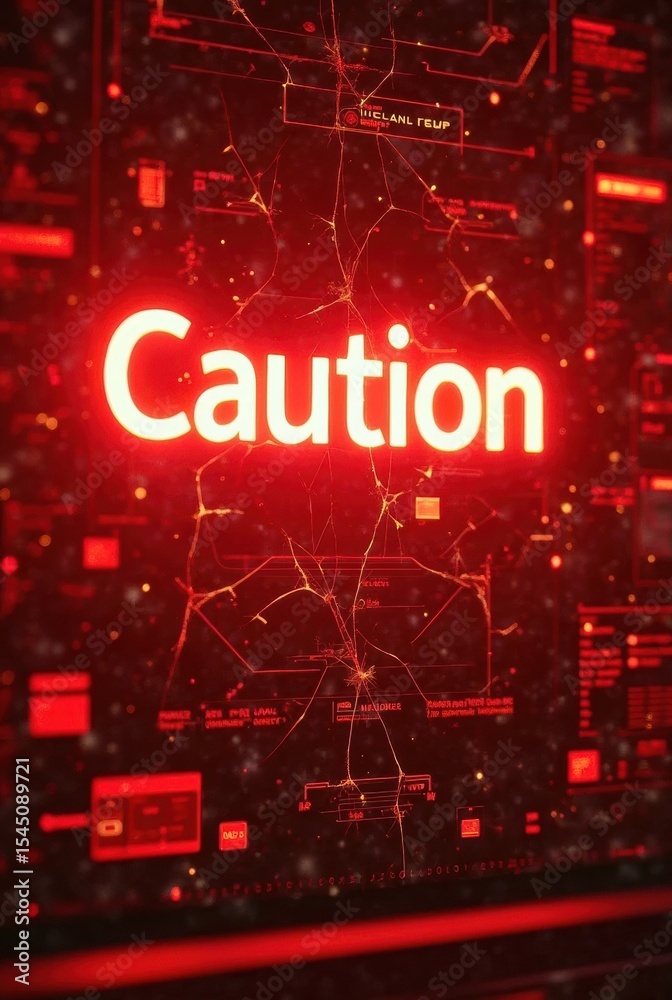 Poster the word “caution” glows in red across a high-tech network display. circuit-like visuals and data cl