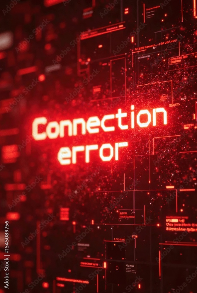 Poster bright red “connection error” text pulses across a futuristic digital screen layered with lines and 