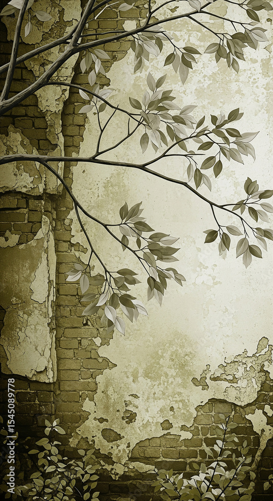 Poster sepia-toned image of weathered brick wall with decaying plaster and overlaying branches with leaves,