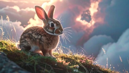 Fototapeta premium A brown rabbit sits on a hilltop at sunrise, basking in the radiant glow of pastel clouds behind.