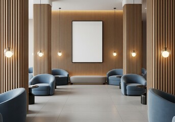 Fototapeta premium Modern interior with framed poster mockup on wooden wall and stylish blue chairs in clean lounge layout. 3D Rendering 