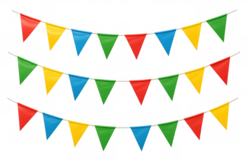 Colorful triangular bunting flags strung together, creating cheerful party decor with transparent background, ideal for festive design projects