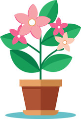 Potted Flower Plant Illustration with Pink Blossoms, Cute Indoor Plant with Pink Flowers in Clay Pot, Flat Design Flower Pot with Leaves and Flowers.