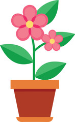 Potted Flower Plant Illustration with Pink Blossoms, Cute Indoor Plant with Pink Flowers in Clay Pot, Flat Design Flower Pot with Leaves and Flowers.
