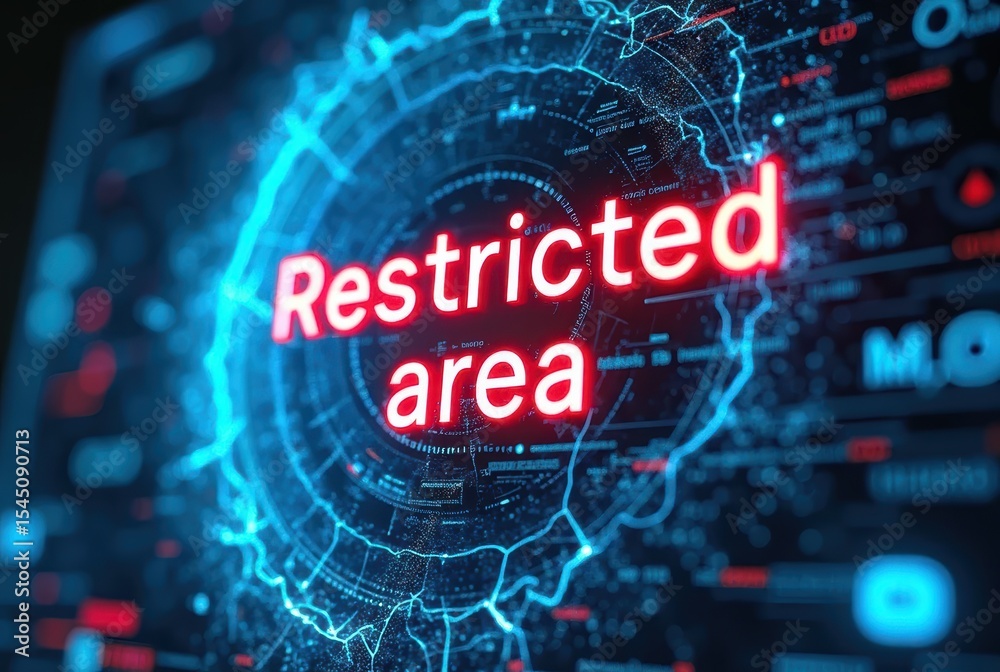 Poster bright red “restricted area” text glows across a digital interface, layered over cyber circuits and 