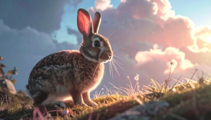 Fototapeta premium A brown rabbit stands atop a grassy hill as the sun rises, painting the clouds with golden light.