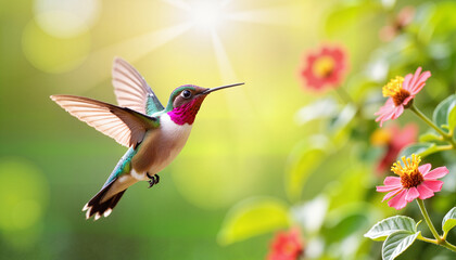 Fototapeta premium Colorful hummingbird flying near pink flowers in sunny garden 