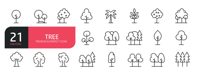 Set of line icons related to tree, plants, nature, forest. Outline icons collection. Editable stroke. Vector illustration