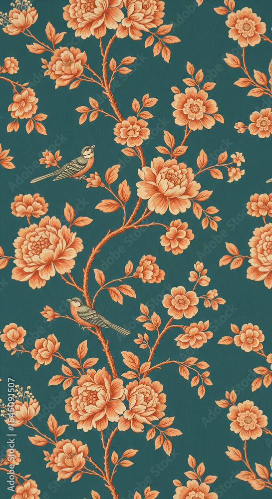Poster teal background with repeating pattern of orange flowers and birds on branches, creating a classic, 