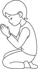 Child kneeling in prayer black and white line art illustration
