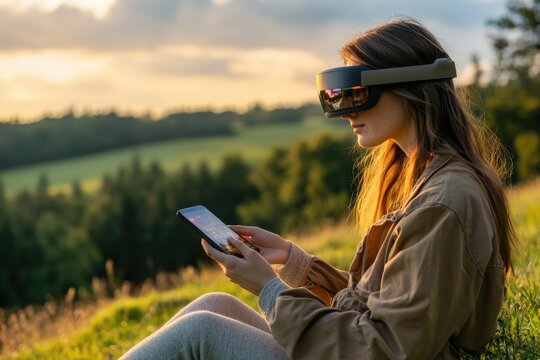 Young woman wearing VR headset uses smartphone outdoors in a scenic landscape during sunset.