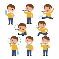 Brush time: A colorful illustration depicts a young boy enthusiastically engaged in the essential activity of oral hygiene with a toothbrush and toothpaste
