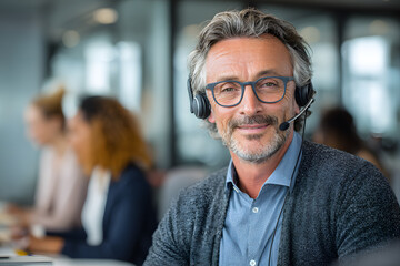 trustworthy white female with cubicle call center associate wearing a headset  in a upscale and modern office conference room