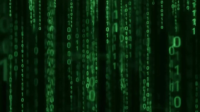 Green digital rain of binary code falling down a dark screen creating a matrix effect look alike