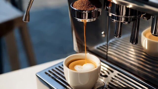 Espresso being poured into a cup from a coffee machine