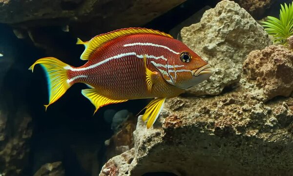Vibrant orange-red fish with yellow fins in an aquarium