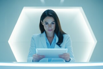A woman in a white lab coat uses a tablet in a futuristic, bright setting.