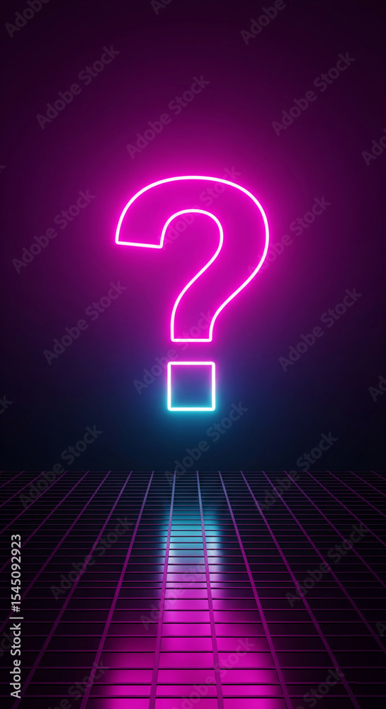 Poster neon pink question mark on dark background, glowing brightly above grid floor, creating a futuristic