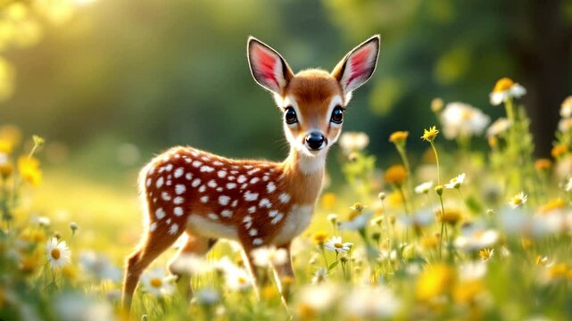 Adorable baby fawn in a sunny wildflower meadow