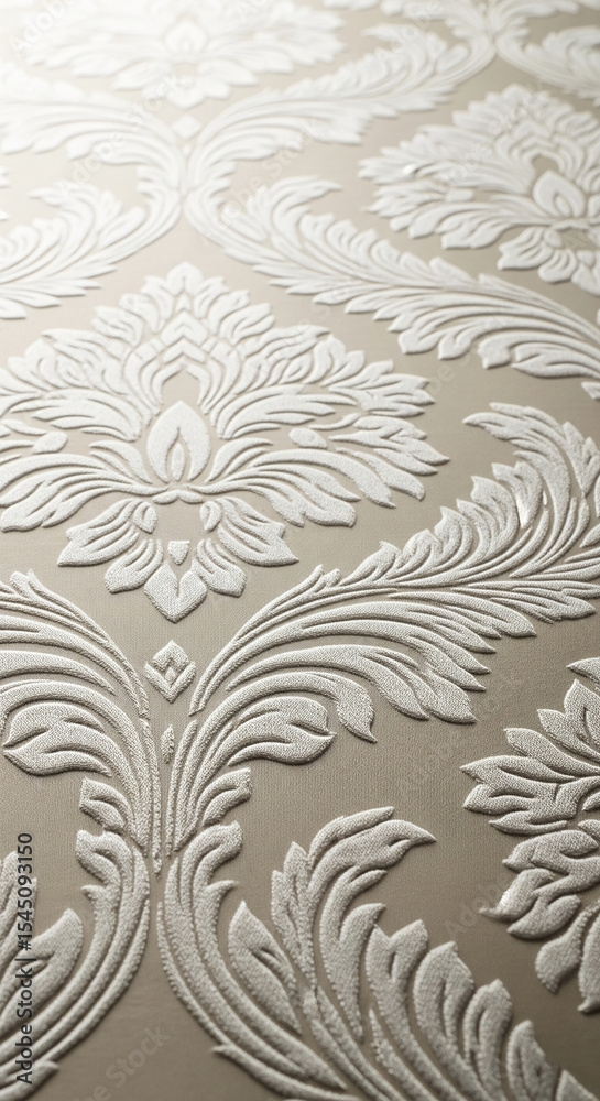 Poster close-up of beige fabric with embossed white damask pattern, showing texture and detail, suggesting 