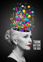  Woman inand white with red lips on white background, colorful abstract shapes and light bulb elements above head, symbolizing creative thinking 