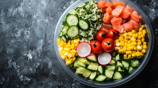 Salmon poke bowl with avocado, radish, cucumber, tomato, corn, and seaweed salad, served in a plastic bowl.
