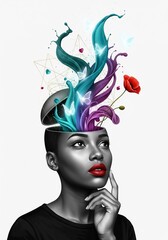 Fototapeta premium Woman inand white with red lips on white background, colorful abstract shapes and light bulb elements above head, symbolizing creative thinking 