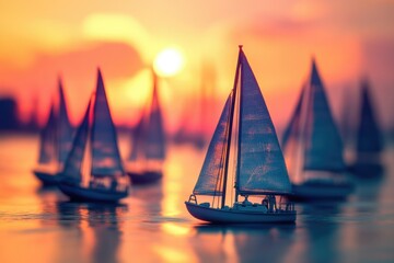 Silhouette of sailboats at sunset, peaceful and serene scene.