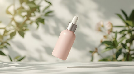 Floating Cosmetic Product Mockup – Minimalist Skincare Bottle Against Blurred Natural Outdoor Background